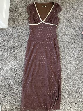Brown Polka Dot Midi Dress with Contrast Trim